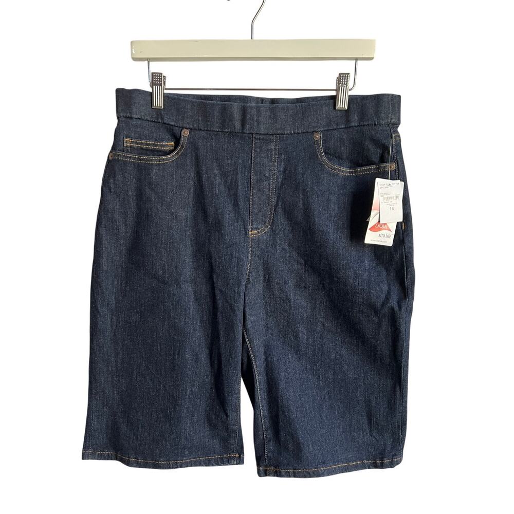 LANDS' END WOMENS SIZE 14 PULL ON HIGH RISE DENIM BERMUDA SHORT DARK WASH NEW